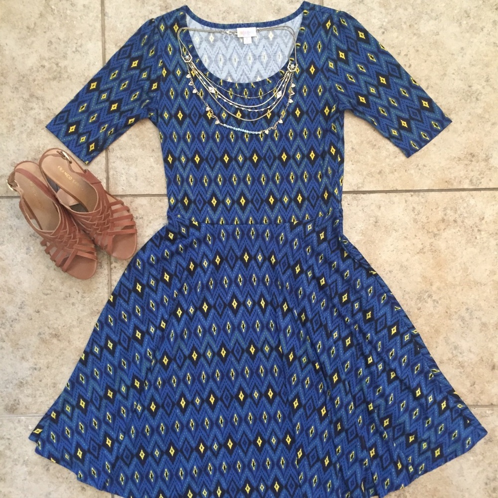 LuLaRoe Nicole Dress - L - Blue with diamond print